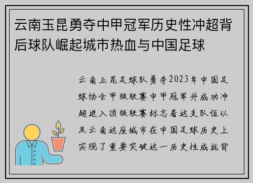 云南玉昆勇夺中甲冠军历史性冲超背后球队崛起城市热血与中国足球