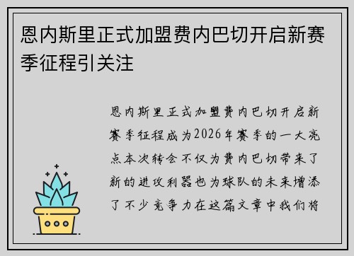 恩内斯里正式加盟费内巴切开启新赛季征程引关注
